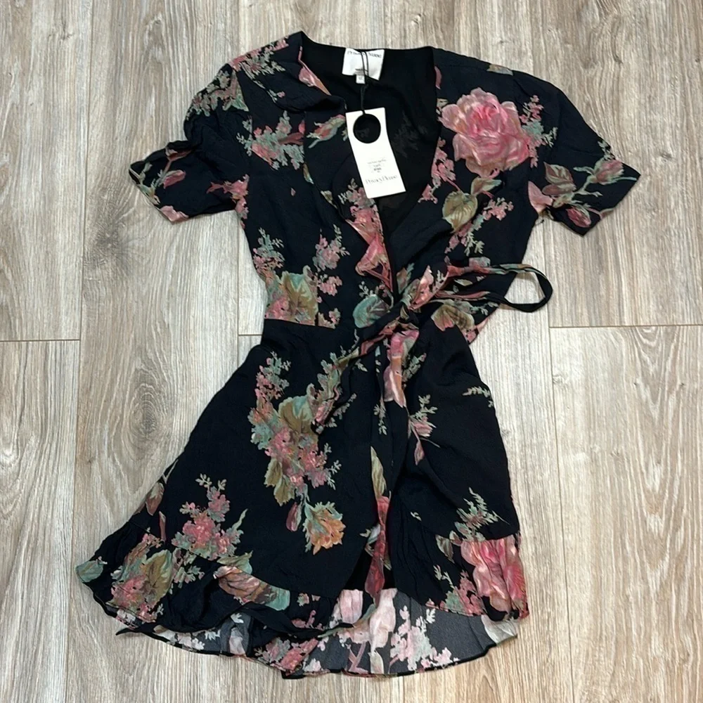 Privacy Please june floral wrap dress in black size XS NWT